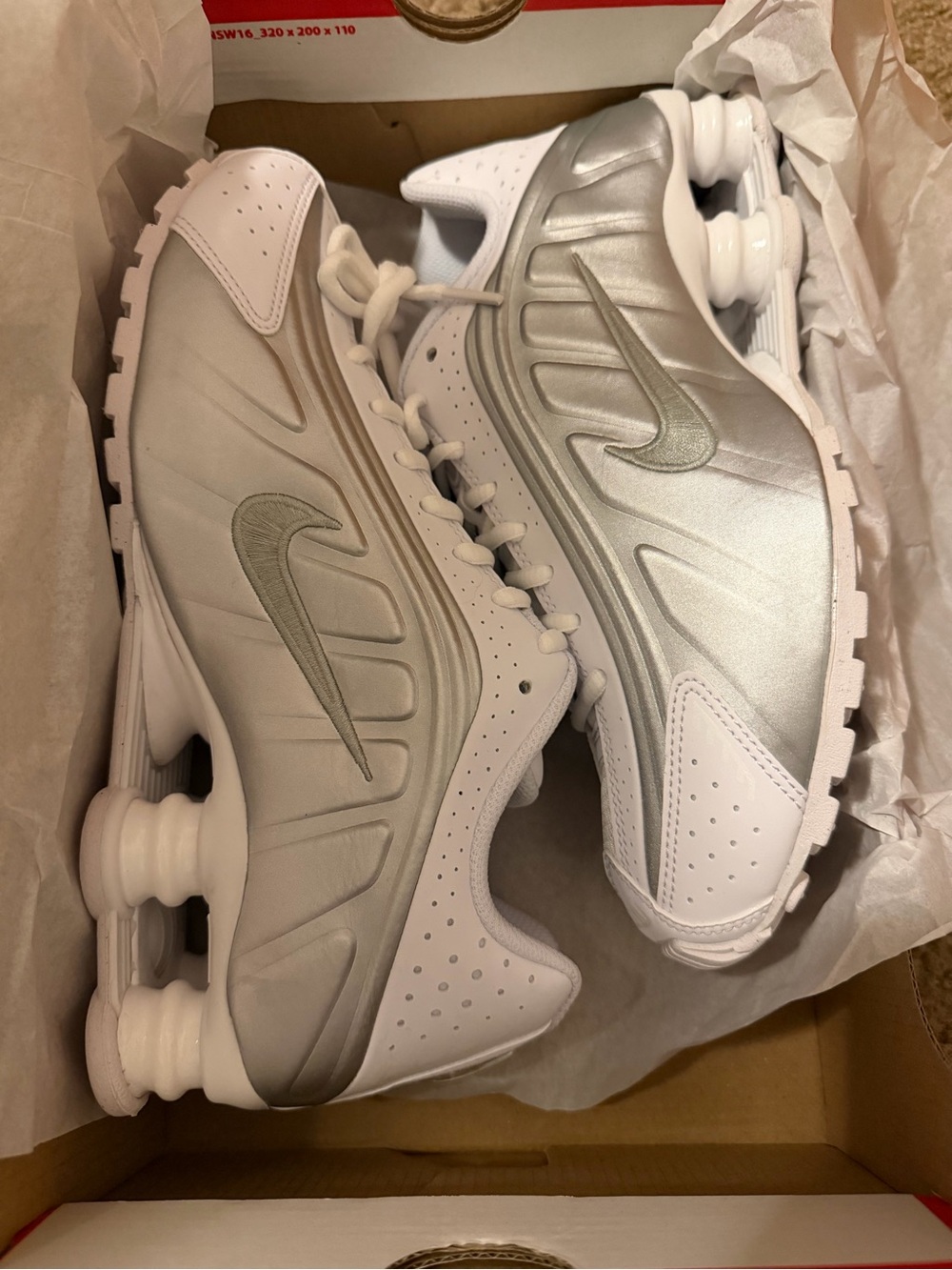 Big kids Nike Shox Silver and White Running Sneakers